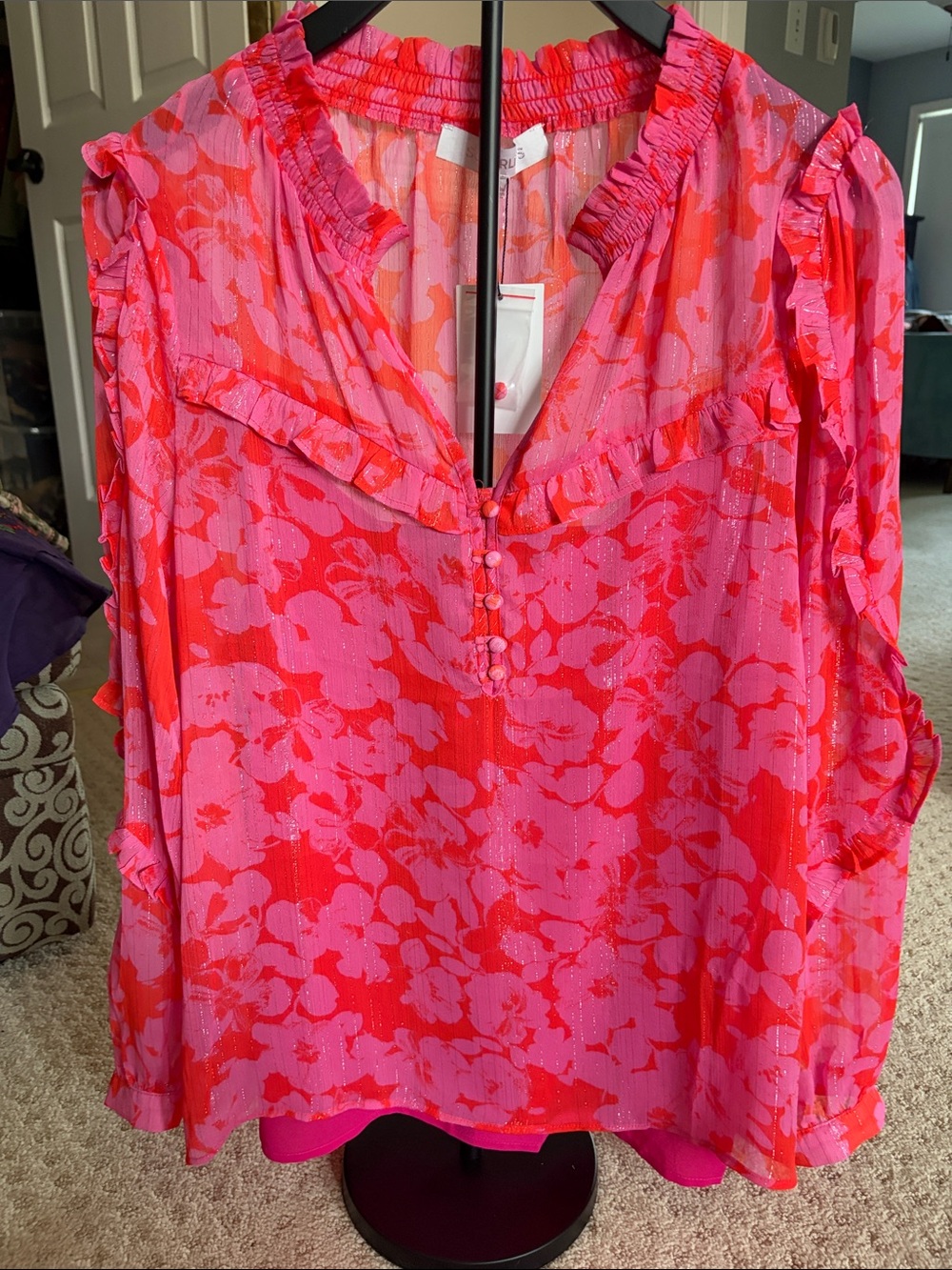 Sugarlips Pink and Red Floral Ruffle V-Neck Blouse